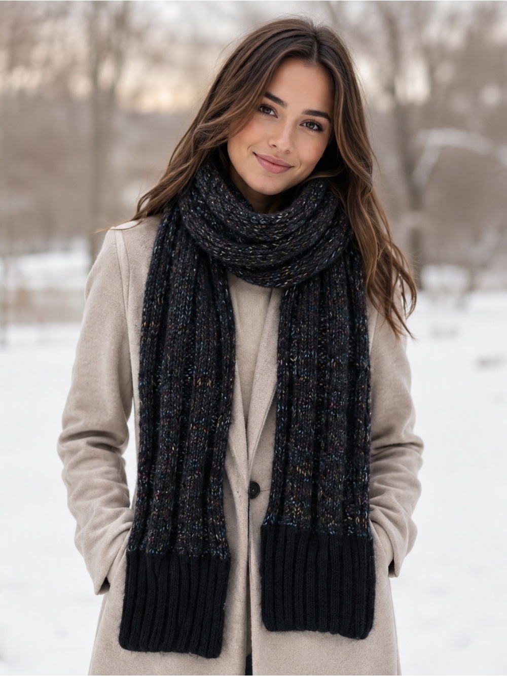 Columbia Women’s Dark Multicolor Knit Pocket Scarf Cable Knit Winter Cozy